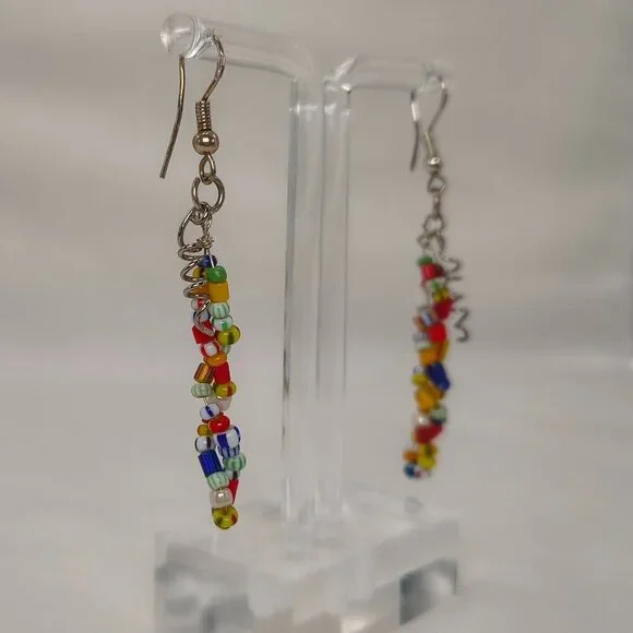 Multi-Colour Seed Bead Dangle Earrings 925 Hooks - Picture 3 of 8